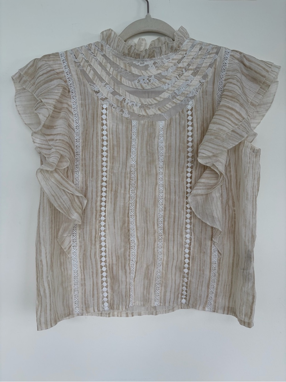 Ontre Ruffled Yoke Lace-Trim Blouse - Cream Stripe XS